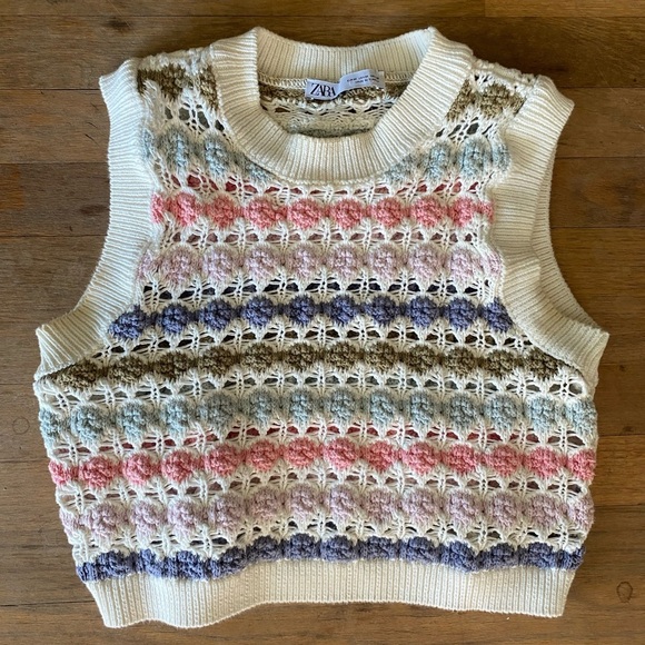 ZARA Women's Knit Cropped Vest Multicolor Cream Crochet Size M - Picture 2 of 4